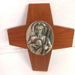 Vintage Religious Wooden Cross Plaque & Metal Ornament RARE Image